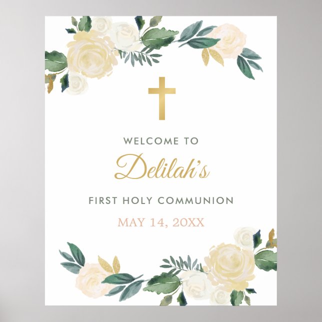 Elegant Blommigt Greenery WAN First Communion Poster (Framsidan)