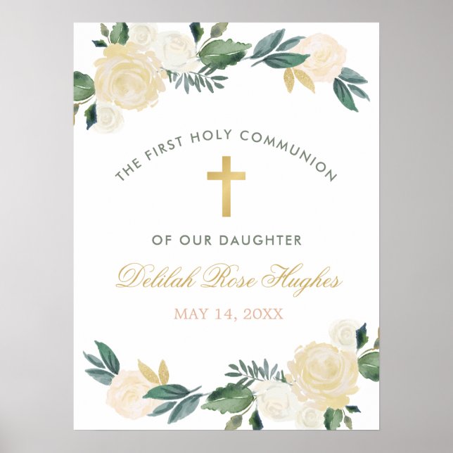Elegant Blommigt Greenery WAN First Communion Poster (Framsidan)