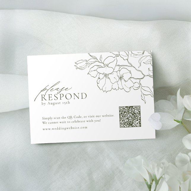 Elegant-blommigt-grönt bröllop QR-kod OSA Kort (Elegant floral sage green wedding QR code RSVP Card)