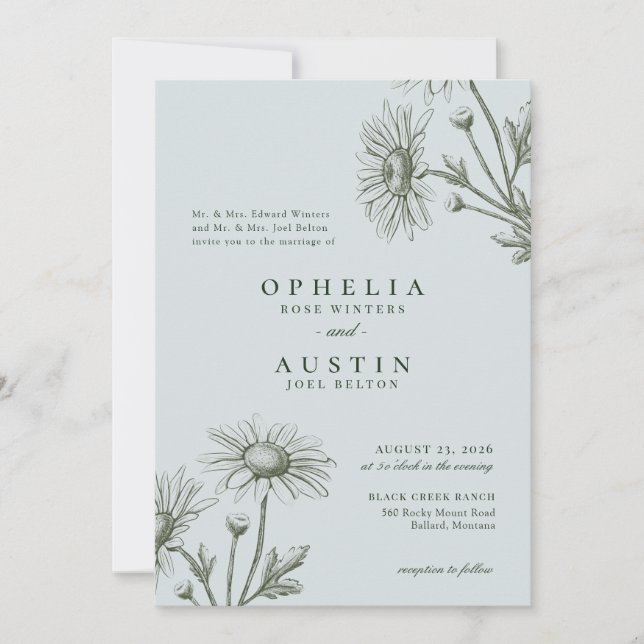 Elegant Blommigt Grönt Daisy Sketch Bröllop inbjud Inbjudningar (Framsida)