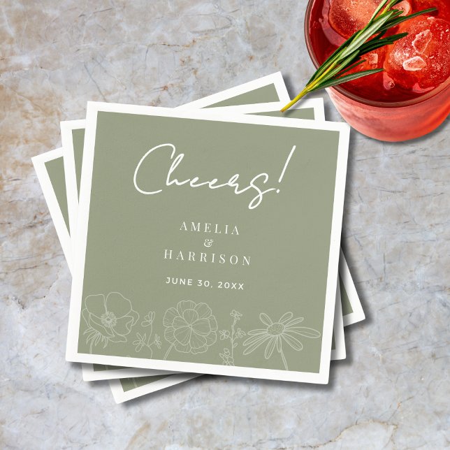Elegant Blommigt Grönt för  av Cheer Sage Bröllop Pappersservett (Cheers Sage Green Elegant Floral Line Art Wedding Cocktail Napkin with Couple Names, Date.)