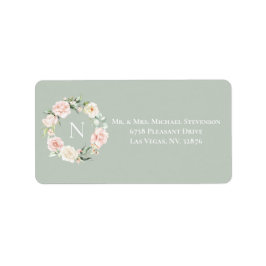 Elegant Blommigt Grönt Rosa Monogram Bröllop Adressetikett