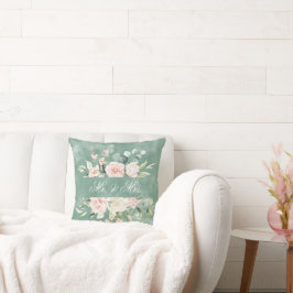 Elegant Blommigt Grönt Vattenfärg Mr. & Mrs Rustic Kudde