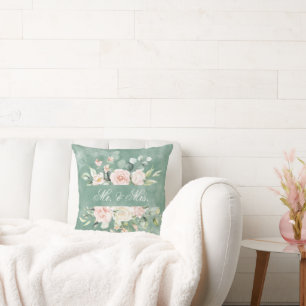 Elegant Blommigt Grönt Vattenfärg Mr. & Mrs Rustic Kudde
