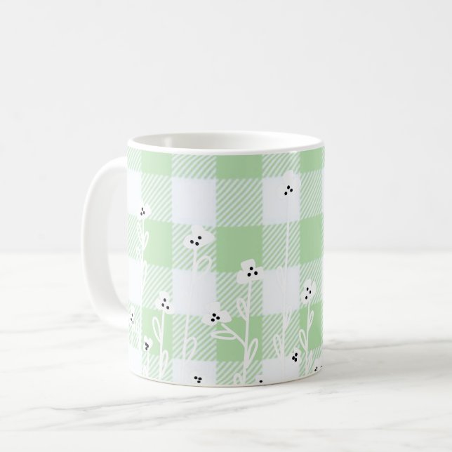Elegant blommigt grönt vit plaid gingham kaffemugg (Framsida vänster)