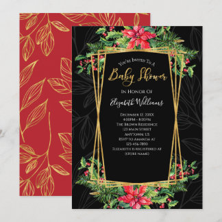 Elegant Blommigt Guld Black Baby Shower Inbjudningar