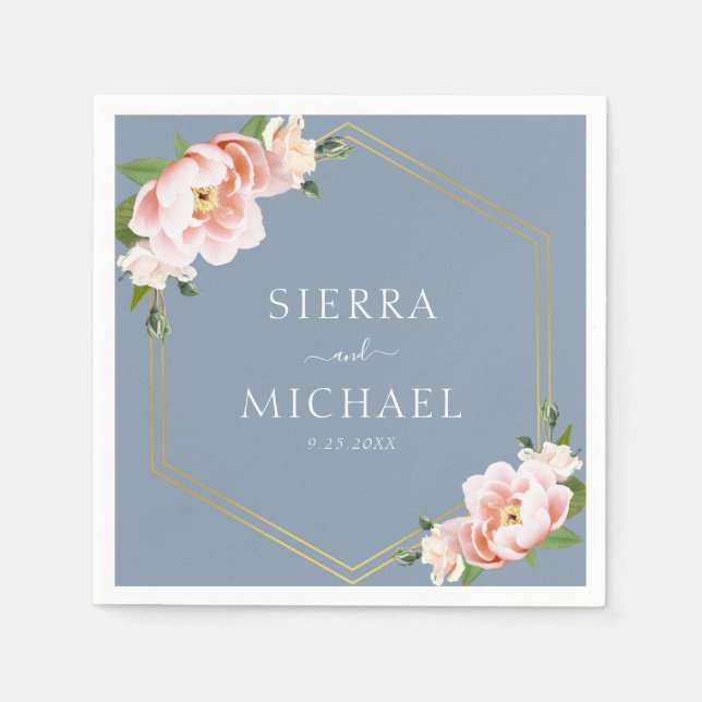 Elegant Blommigt  Guld Dusty Blue Bröllop Pappersservett (Framsidan)