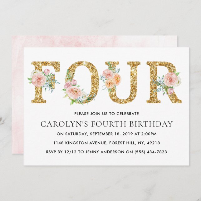 ELEGANT BLOMMIGT GULD GLITTER FYRA 4E FÖDELSEDAGEN INBJUDNINGAR (Fram/baksida)