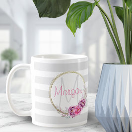 Elegant Blommigt Guld Gräns Rand Monogram Kaffemugg
