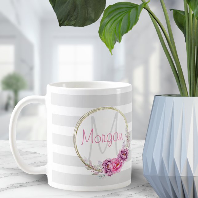 Elegant Blommigt Guld Gräns Rand Monogram Kaffemugg (Elegant Floral Gold Border Stripes Monogram Coffee Mug)