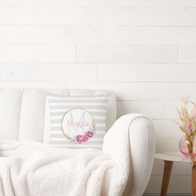 Elegant Blommigt Guld Gräns Rand Monogram Kudde (Soffa)