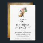 Elegant Blommigt Guld Högklackar 40:e födelsedagen Inbjudningar<br><div class="desc">Modern tropisk Blommigt i Elegant, Guld, 40:e födelsedagspartiets inbjudan, som innehåller vår glamorösa glutesiga vattenfärg guld i höghälen omgiven av tropiska blommor från rosa och grönt. Bakgrunden är en lyxig vattenfärgstvätta i guld. Enkel att anpassa med din information för en enkel inbjudan från elegant födelsedagsfest. Kontakta oss på cedarandstring@gmail.com om...</div>