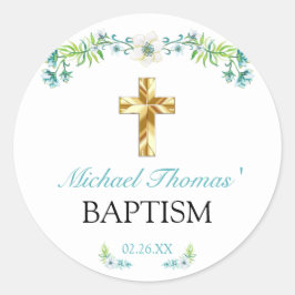 Elegant Blommigt Guld Kor Boy Baptism Runt Klistermärke