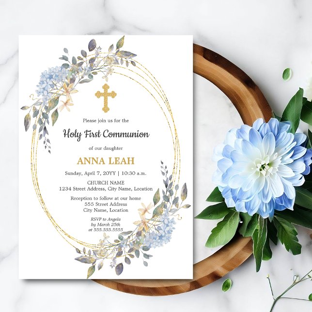 Elegant Blommigt Guld Kor, första kommissionen Inbjudningar (Beautiful gold cross and floral holy first communion invite front view.)