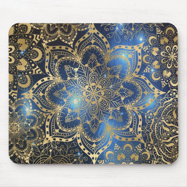 Elegant Blommigt Guld Mandala Blue Galaxy Musmatta (Framsidan)