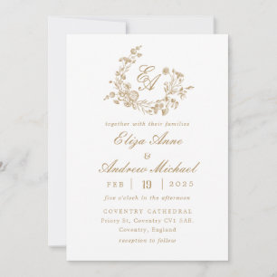 Elegant Blommigt Guld Monogram Vapensköld Bröllop Inbjudningar