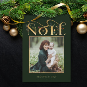 Elegant Blommigt Guld Noel Typography Photo Julkort