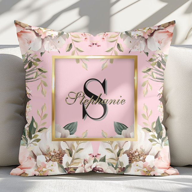 Elegant Blommigt guld Ram Monogram  Rosa Kudde (Skapare uppladdad)