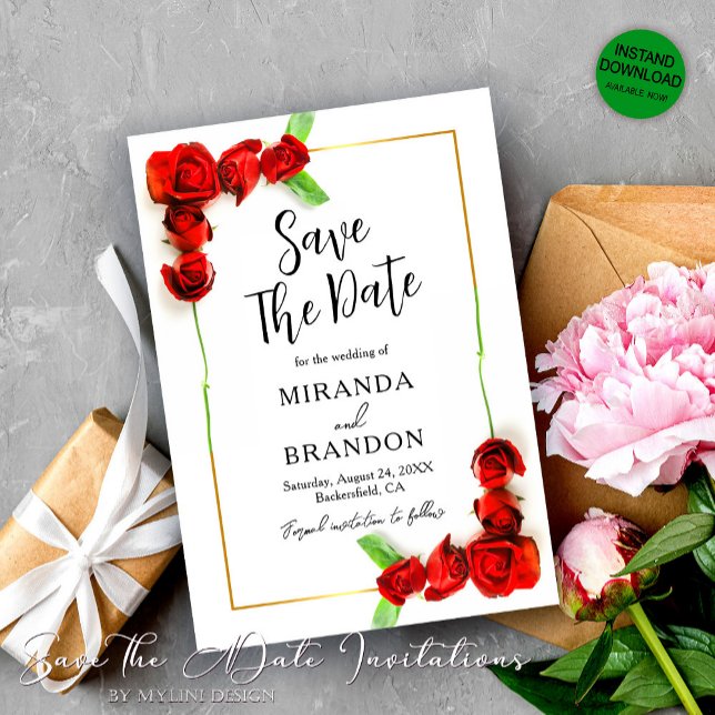 Elegant Blommigt Guld Ram Röd ros Spara datum Inbjudningar (Skapare uppladdad)