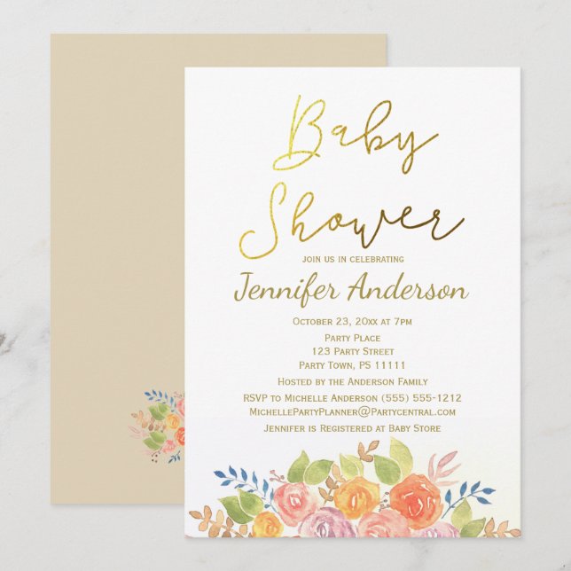 Elegant Blommigt Guld Ro Vattenfärgsbabyskor för  Inbjudningar (Fram/baksida)