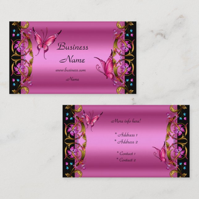 Elegant Blommigt Guld Rosa Black Butterfly Visitkort (Fram/baksida)