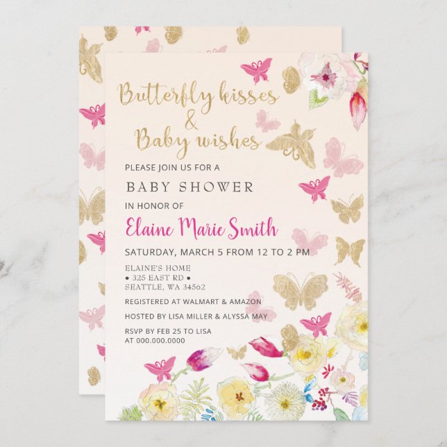 Elegant Blommigt Guld Rosa Butterflies Baby Shower Inbjudningar (Fram/baksida)