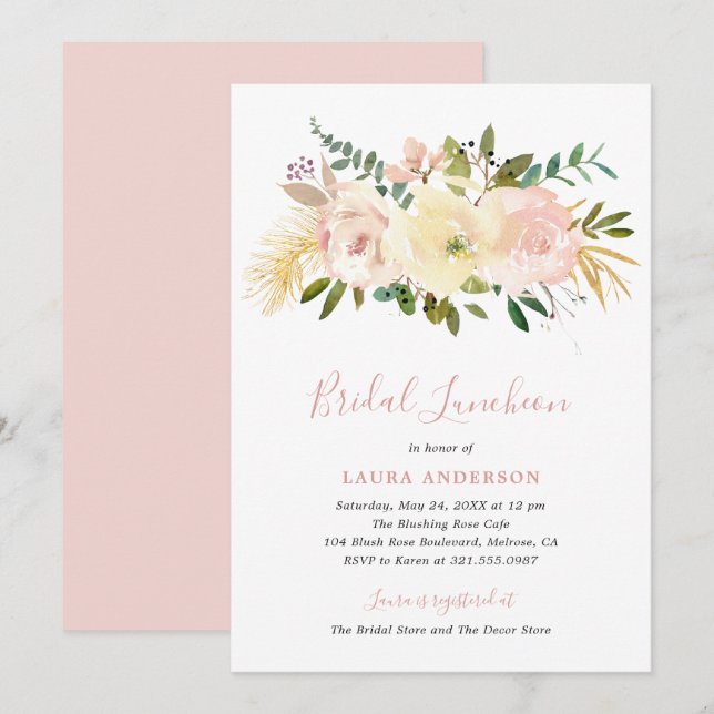 Elegant Blommigt Guld  Rosa Möhippa Luncheon Inbjudningar (Fram/baksida)