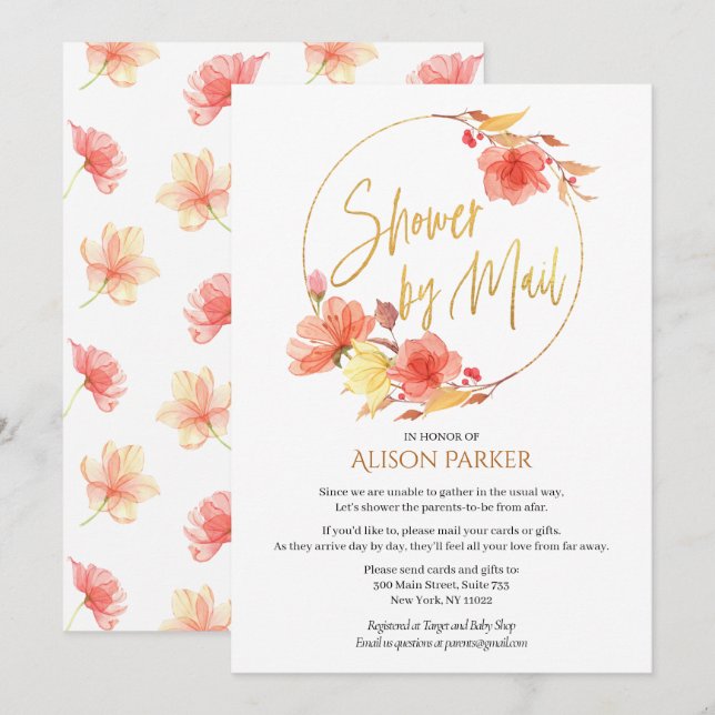 Elegant Blommigt Guld Skriptvattenfärgsknappen Bab Inbjudningar (Fram/baksida)