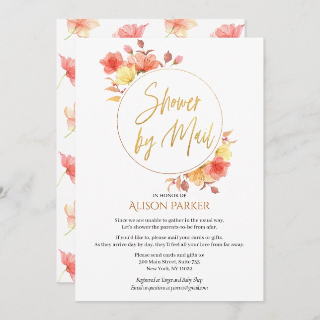 Elegant Blommigt Guld Skriptvattenfärgsknappen Bab Inbjudningar (Fram/baksida)