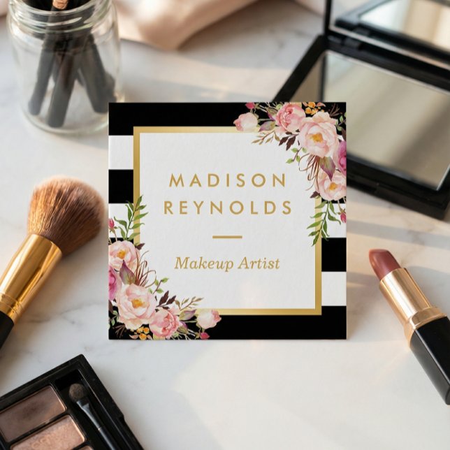 Elegant Blommigt Guld Svartvit Rand vid Ram Fyrkantigt Visitkort (Skapare uppladdad)