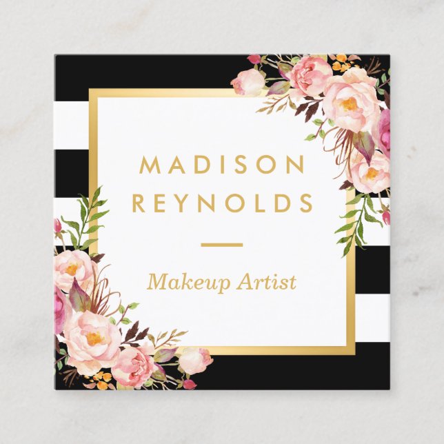 Elegant Blommigt Guld Svartvit Rand vid Ram Fyrkantigt Visitkort (Framsida)