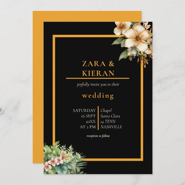 Elegant Blommigt Guld Tropiska Bröllop Inbjudningar (Fram/baksida)
