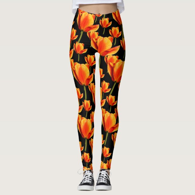 Elegant Blommigt, Gult och rödbrun tupplur Leggings (Framsida)
