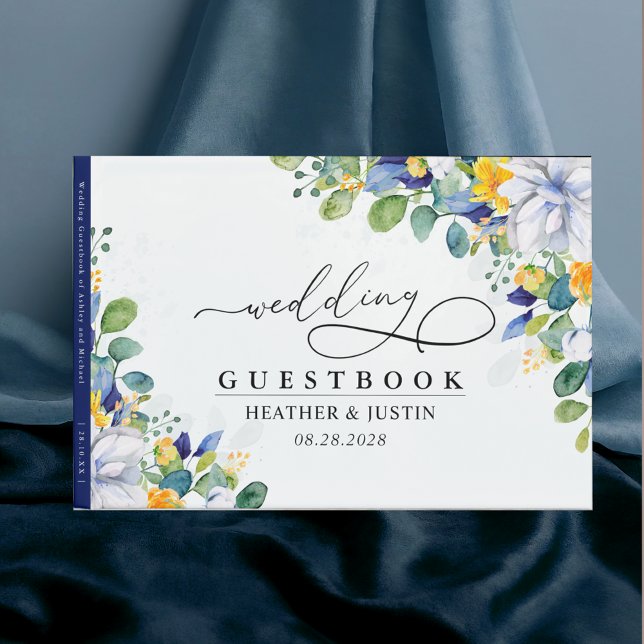 Elegant blommigt gult vit blått Bröllop Gästböcker (Skapare uppladdad)