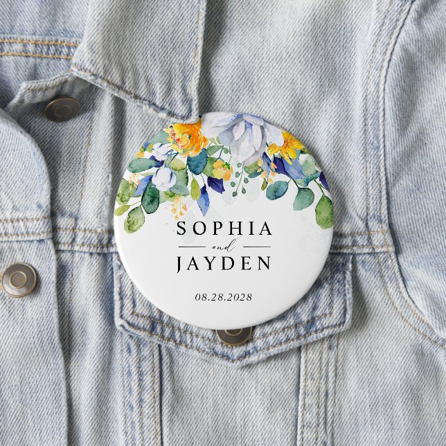 Elegant blommigt gult vit blått bröllop knapp (In Situ)