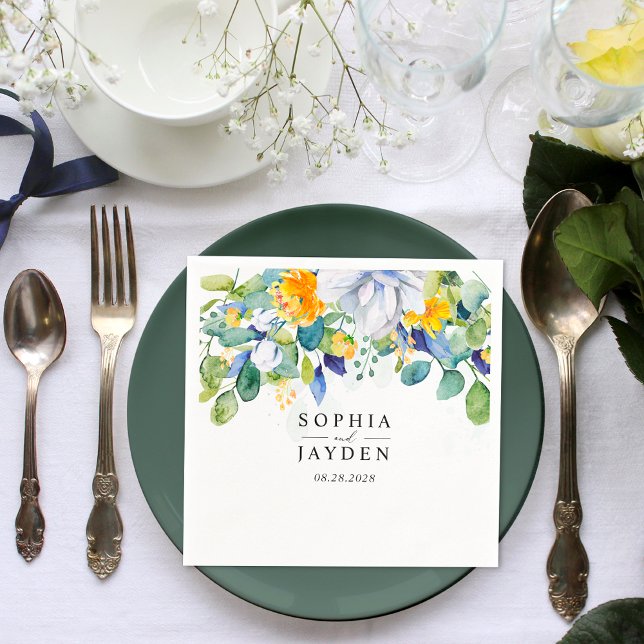 Elegant blommigt gult vit blått bröllop pappersservett (Skapare uppladdad)