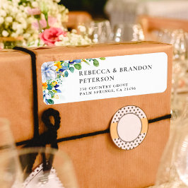 Elegant blommigt gult vit blått bröllop returadress etikett