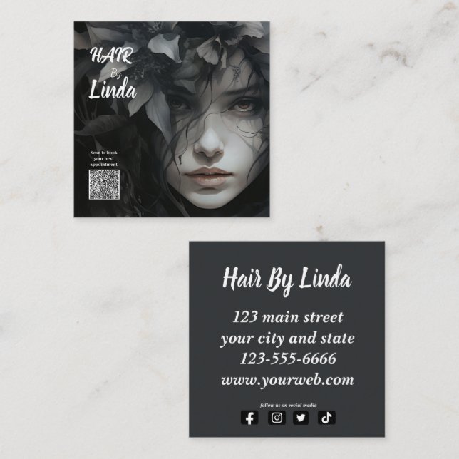 Elegant Blommigt Hairstylist QR-kodaffärskort (Fram/baksida)