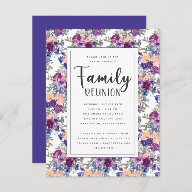 Elegant Blommigt Hand-Lettered Script Family Reuni Inbjudningar (Fram/baksida)