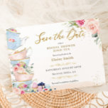 Elegant  Blommigt High Tea Party Möhippa Spara Datumet<br><div class="desc">Anpassa den här chicen tete party-möhippan spara datumet med din egen ordalydelse enkelt och snabbt, tryck bara på anpassningsknappen för att ytterligare ordna om och formatera stil och placera texten. Detta kort för elegant har en söt tekanna, te kopp, svindlande desserter, vackert vattenfärgen rosa ros och grönt och guld blad....</div>