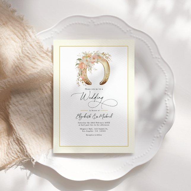 Elegant Blommigt Horseshoe Westernare Bröllop QR-k Inbjudningar (Elegant Floral Horseshoe Western Wedding QR Code Invitation)