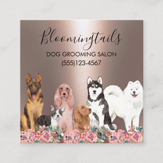 Elegant Blommigt Hund Grooming Pet Service Fyrkantigt Visitkort (Framsida)