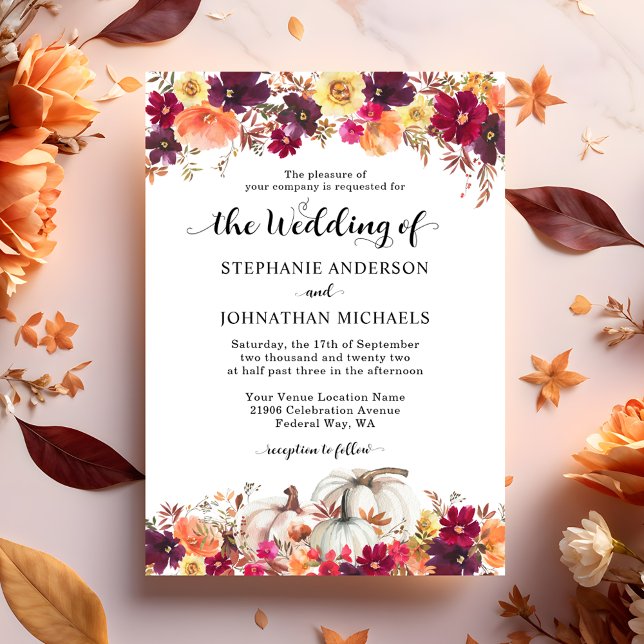 Elegant-Blommigt-inbjudan till Pumpkin-bröllop Inbjudningar (Elegant Watercolor Fall Floral Pumpkin Wedding Invitation)