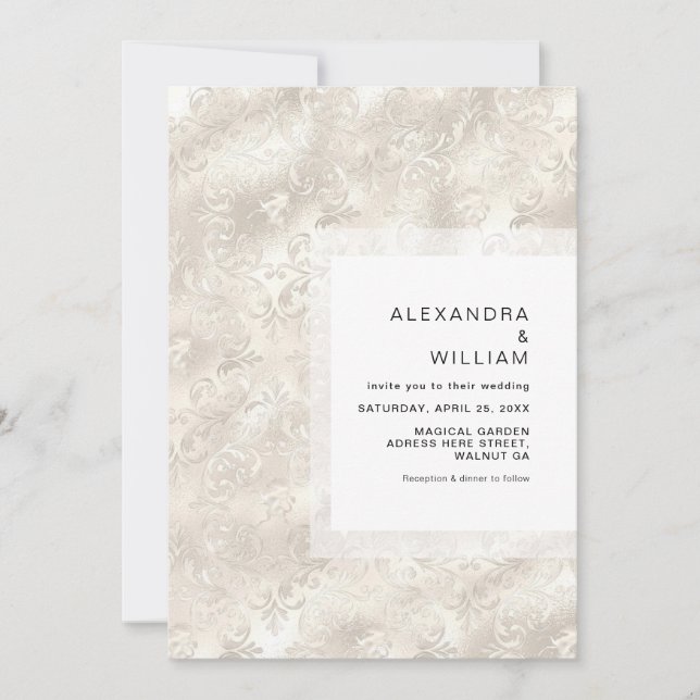 Elegant Blommigt Ivory Faux Foil Pearl Glam Bröllo Inbjudningar (Framsida)