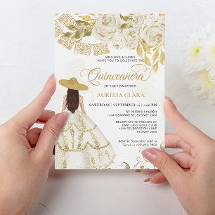 Elegant Blommigt Ivory Guld Horse Quinceañera Inbjudningar