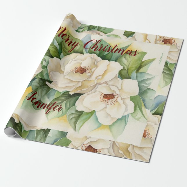 Elegant Blommigt: Jul - Magnolia Flowers Red Namn Presentpapper (Utrullad)