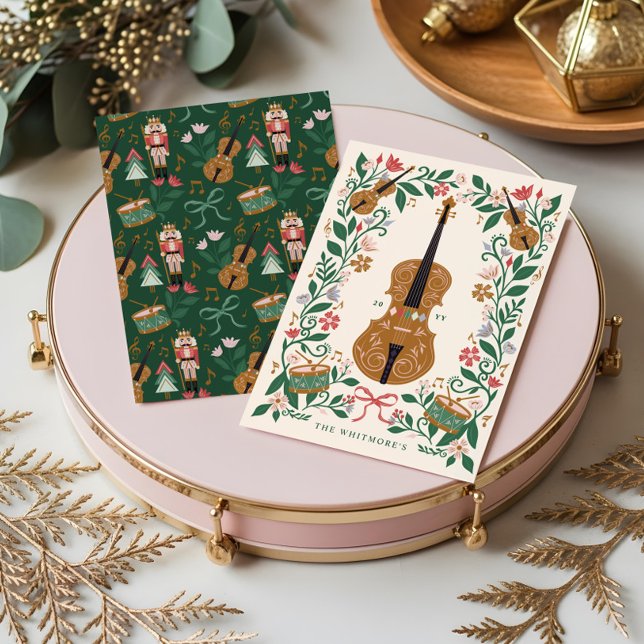 Elegant Blommigt jul Nutcracker Ballet Violin Julkort (Elegant Floral Christmas Nutcracker Ballet Violin Holiday Card)