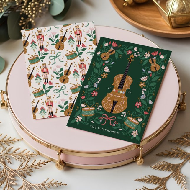 Elegant Blommigt jul Nutcracker Ballet Violin Julkort (Elegant Floral Christmas Nutcracker Ballet Violin Holiday Card)