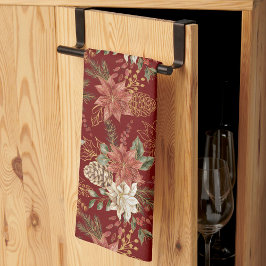 Elegant Blommigt jul Poinsettia Mörk Red Kökshandduk