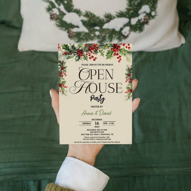 Elegant Blommigt Julafton Holly-julhuset Inbjudningar (Elegant Floral Xmas Holly Christmas Open House Invitation flowers Families & Couples hosting )
